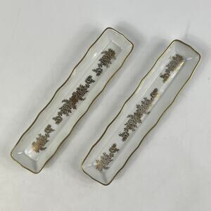 Porcelaine De France Pair Pen Trays Hand Painted Floral Gold Trim 1950s Vanity